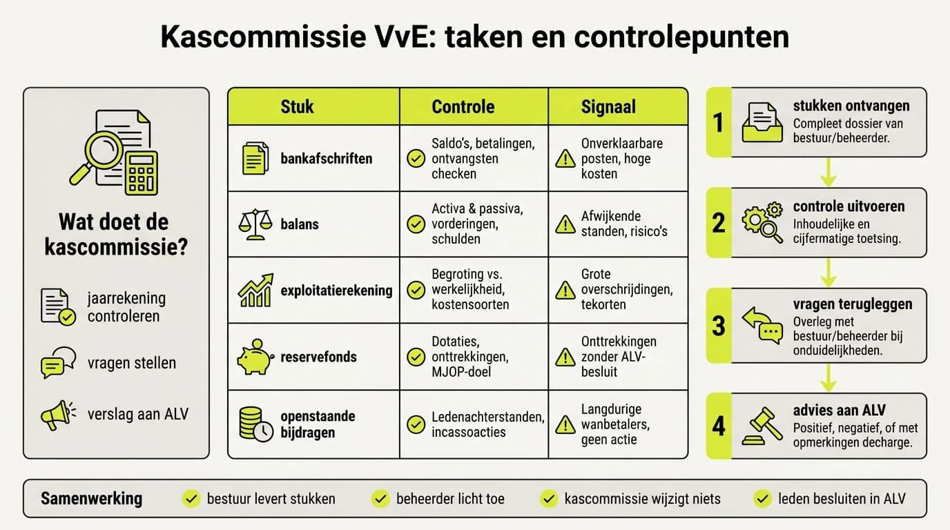 Infographic over de taken van de kascommissie bij een VvE, met controlepunten, stukken en ALV-advies