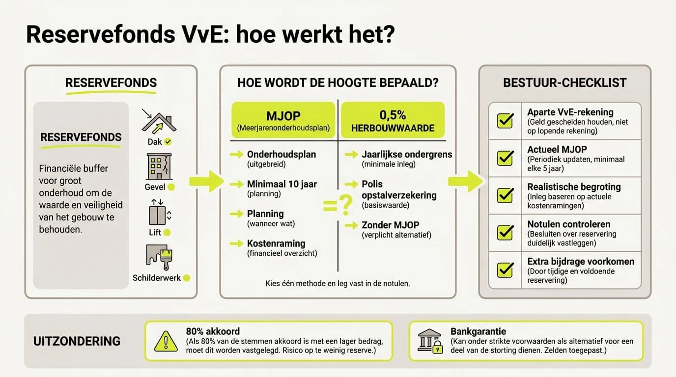 Infographic over reservefonds bij een VvE met MJOP, herbouwwaarde en praktische controlepunten