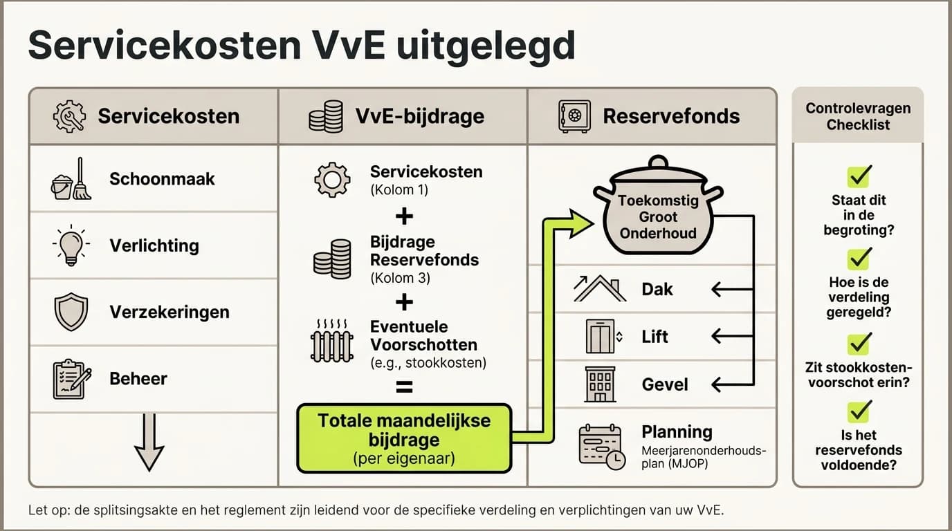 Infographic over servicekosten bij een VvE, inclusief verschil met bijdrage en reservefonds