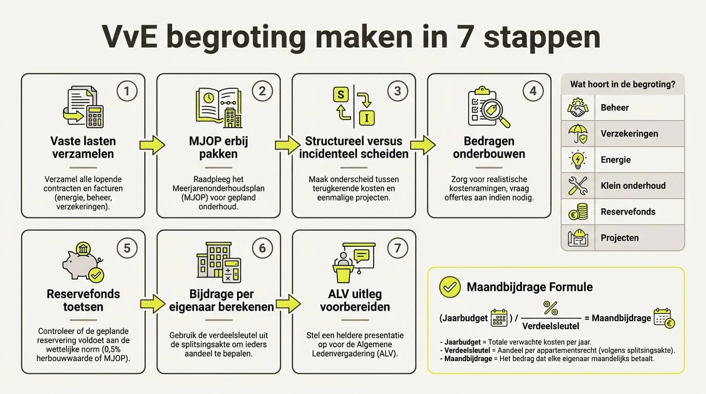 Infographic met een stappenplan om een VvE begroting te maken, inclusief posten, MJOP en bijdrage