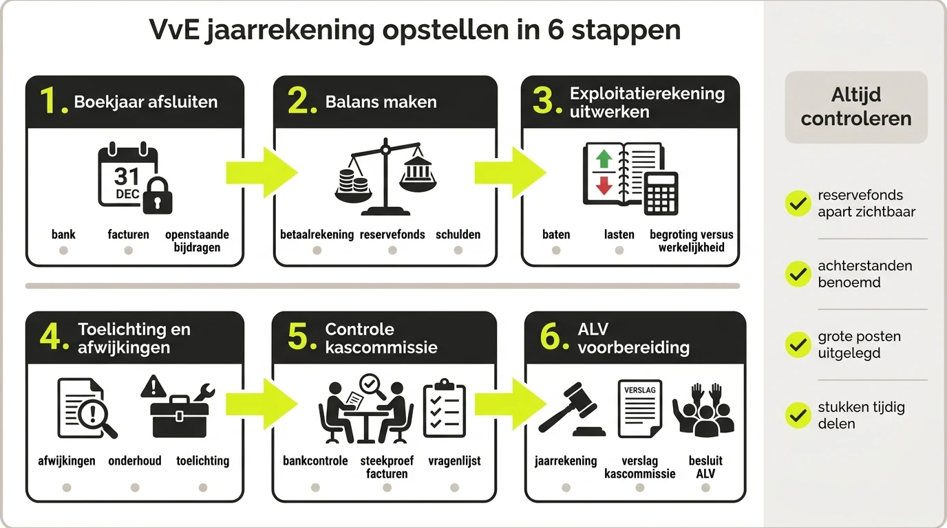 Infographic met het stappenplan voor de jaarrekening van een VvE, van boekjaarafsluiting tot ALV