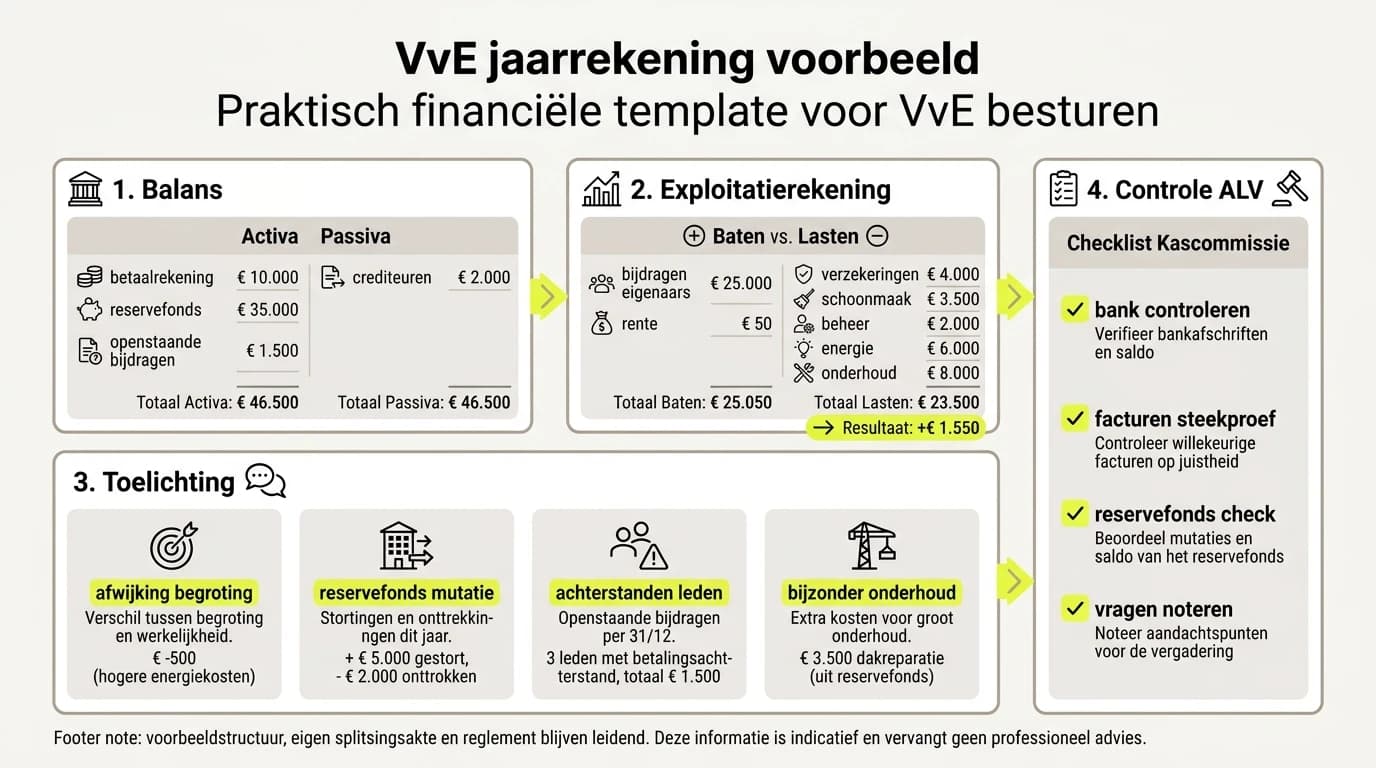 Infographic met een VvE jaarrekening voorbeeld met balans, exploitatierekening en controlepunten