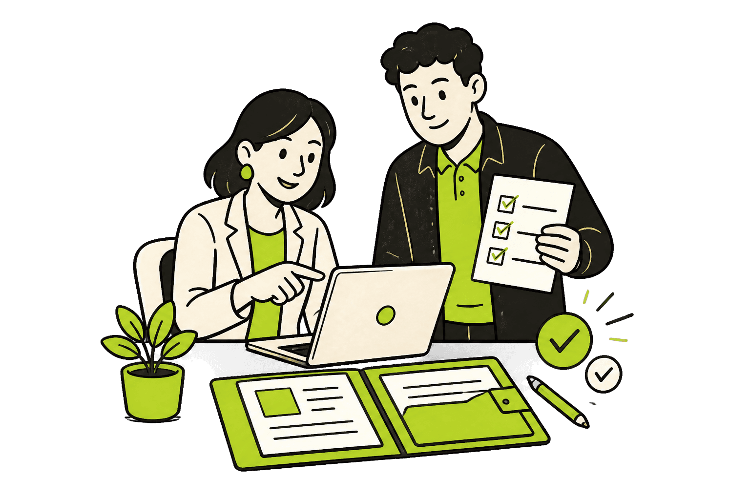 Illustratie van twee collega's die samen aan een opdracht werken