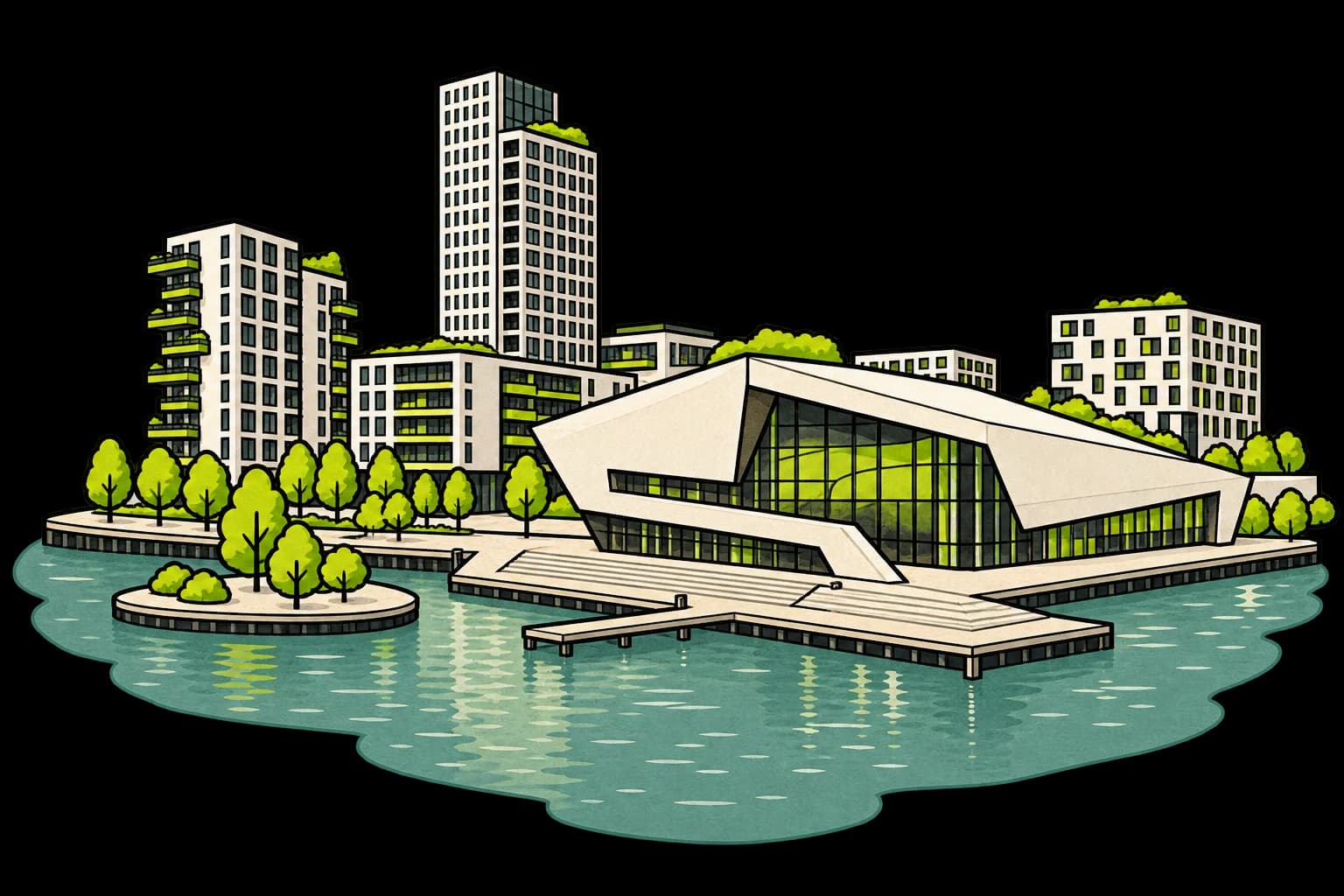 Kenmerkende architectuur van Almere, geïllustreerd in de stijl van Plecke