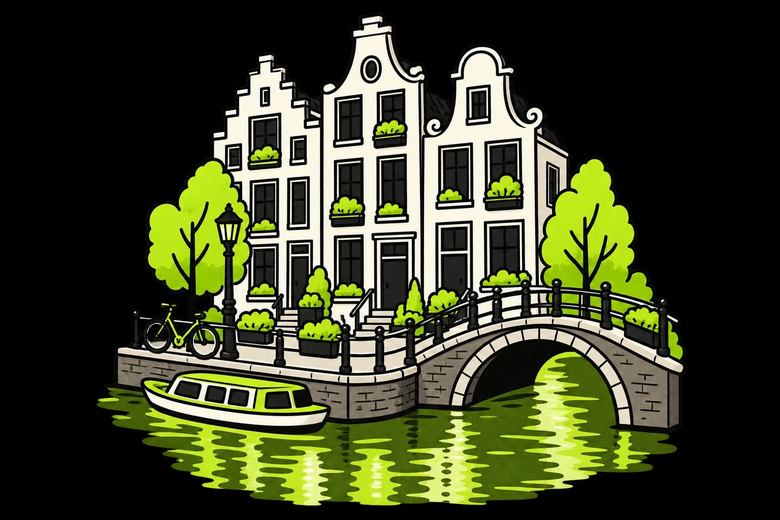 Kenmerkende architectuur van Amsterdam, geïllustreerd in de stijl van Plecke