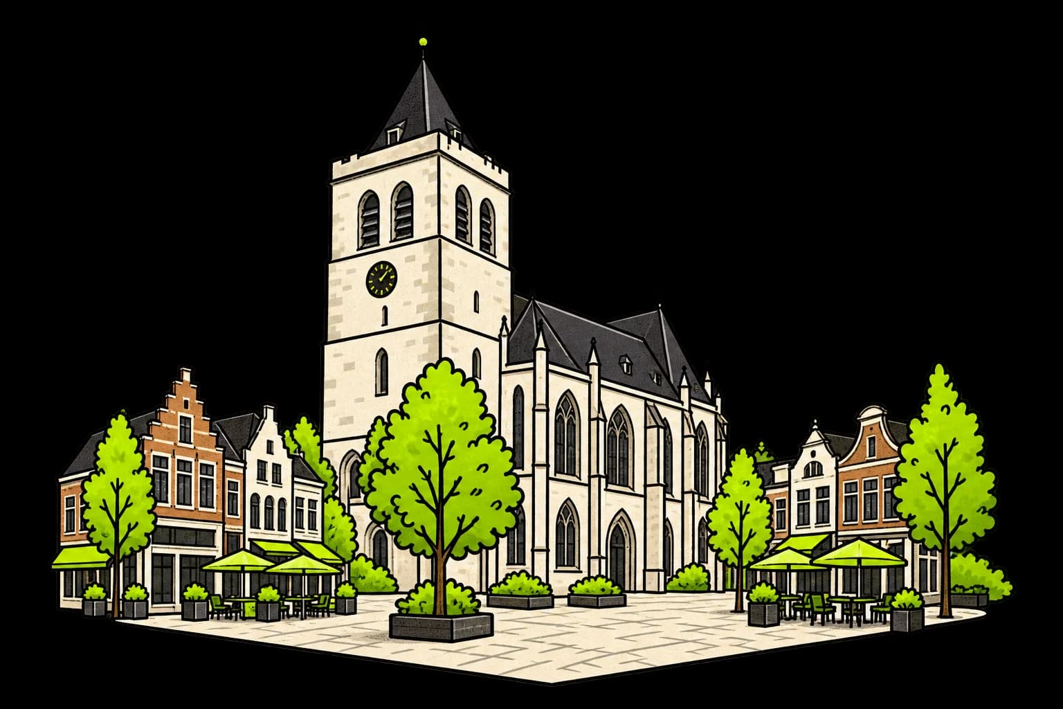 Kenmerkende architectuur van Enschede, geïllustreerd in de stijl van Plecke