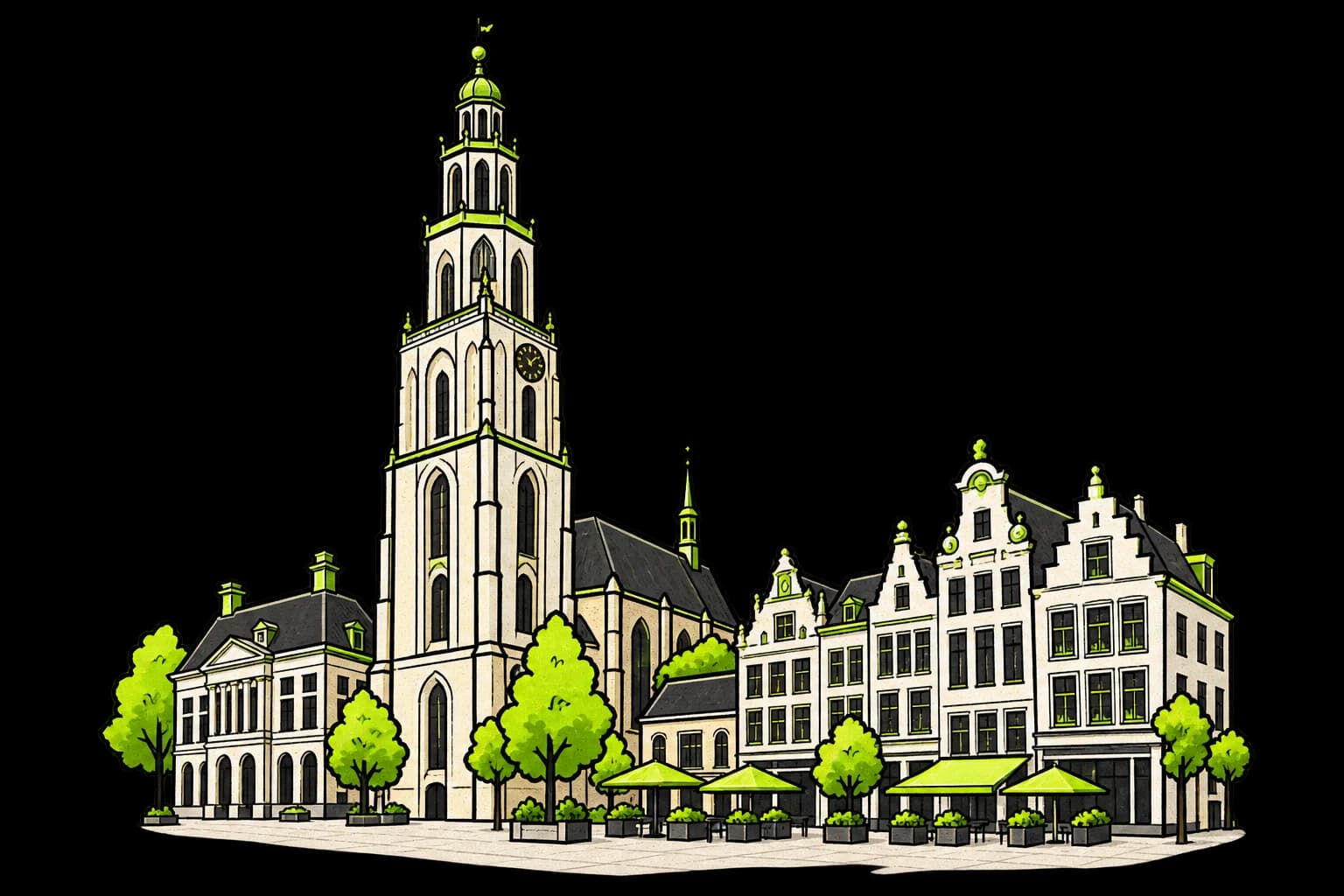 Kenmerkende architectuur van Groningen, geïllustreerd in de stijl van Plecke