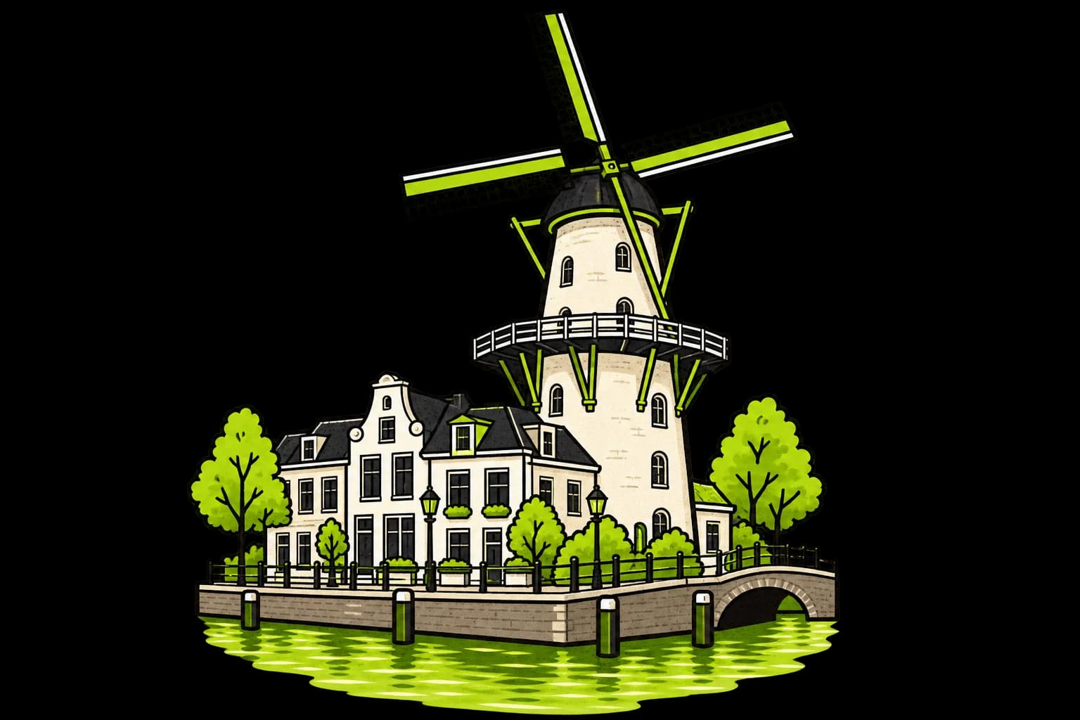 Kenmerkende architectuur van Leiden, geïllustreerd in de stijl van Plecke