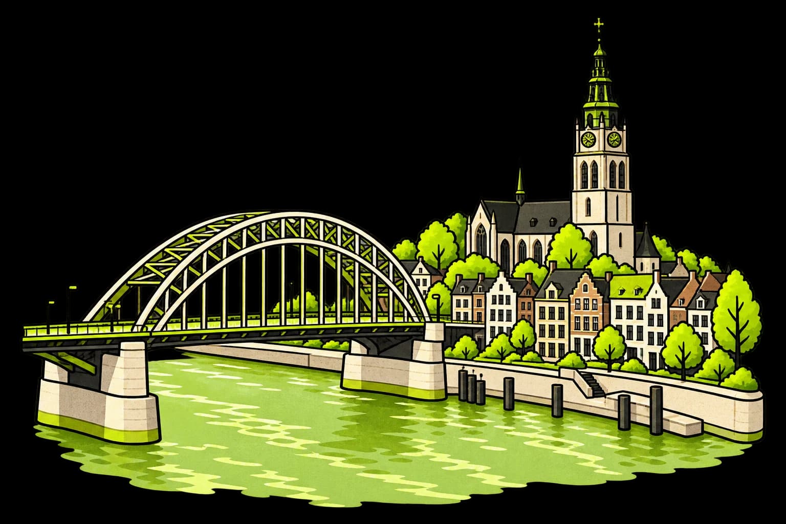 Kenmerkende architectuur van Nijmegen, geïllustreerd in de stijl van Plecke