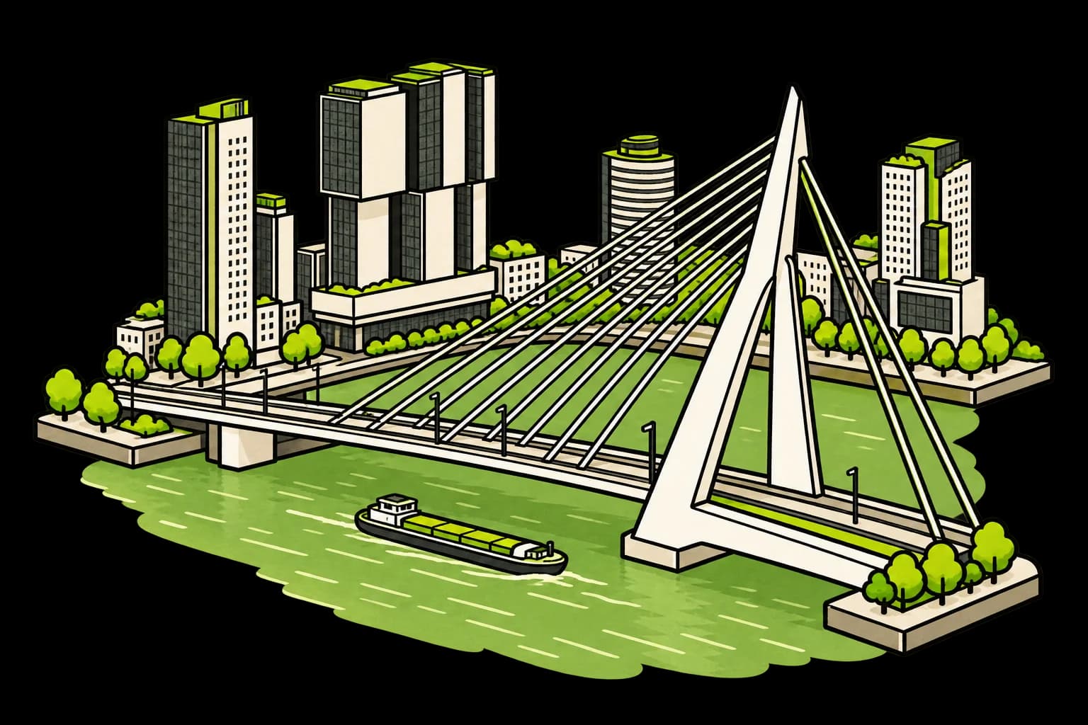 Kenmerkende architectuur van Rotterdam, geïllustreerd in de stijl van Plecke