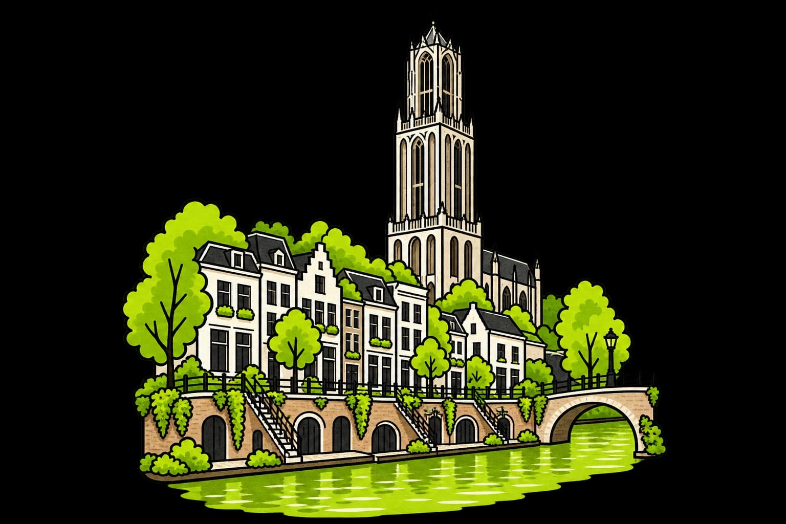 Kenmerkende architectuur van Utrecht, geïllustreerd in de stijl van Plecke