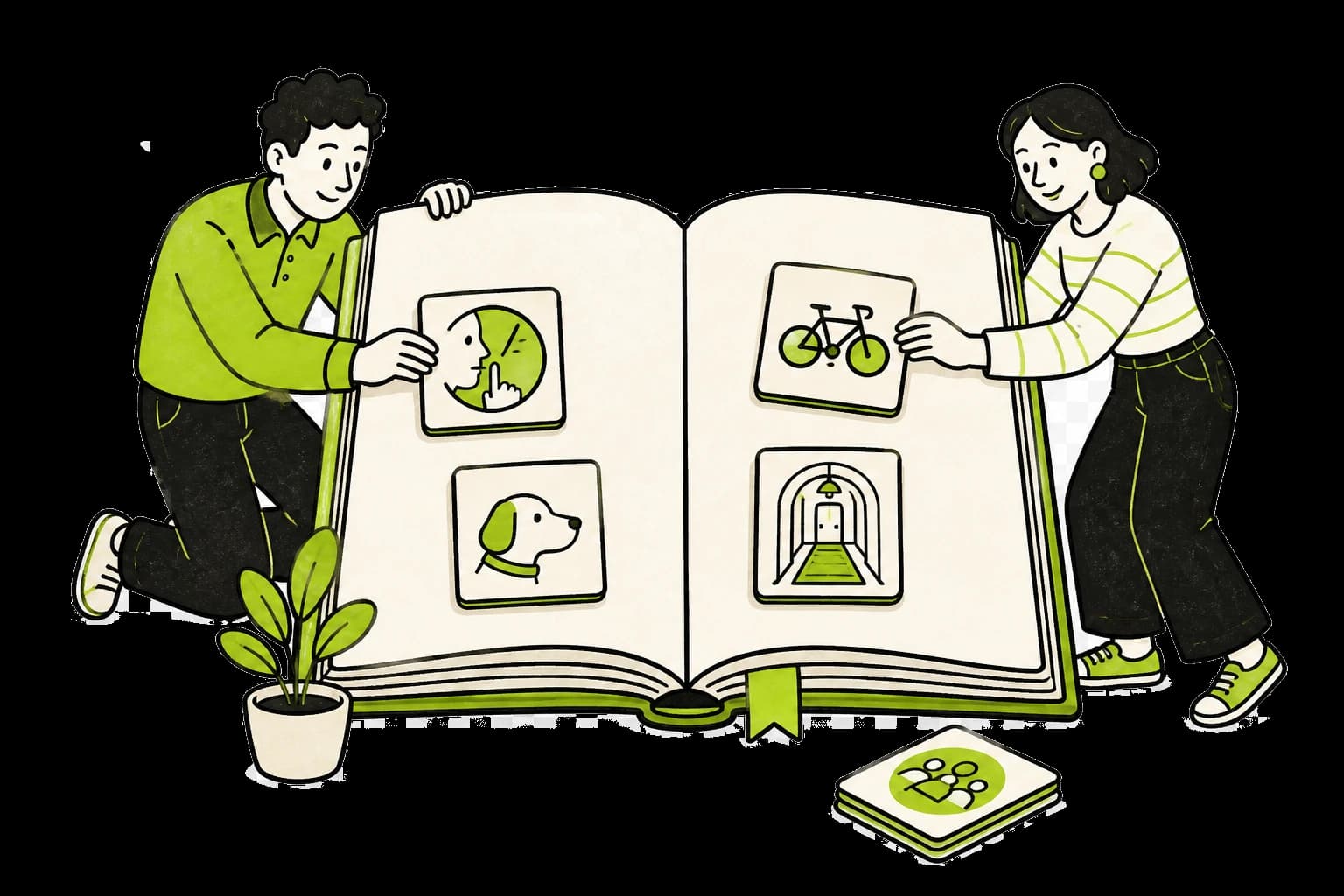 Bewoners die praktische huisregels in een groot gezamenlijk regelboek plaatsen