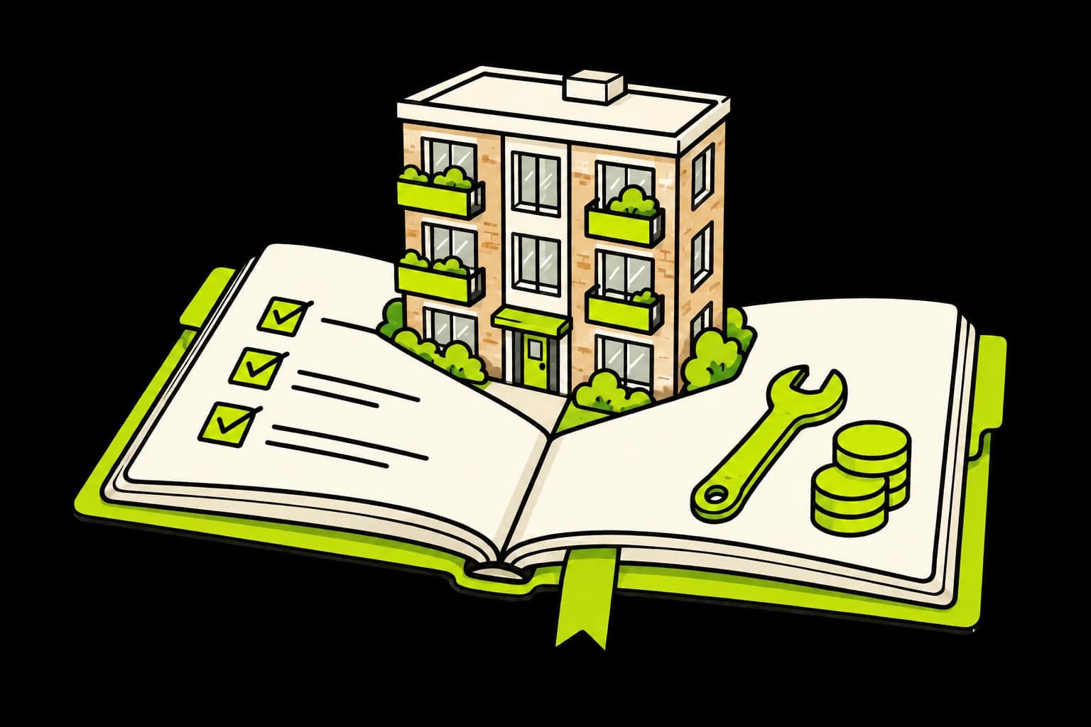 Open VvE-gids met een uitklapbaar appartementencomplex, checklist, onderhoud en financiën