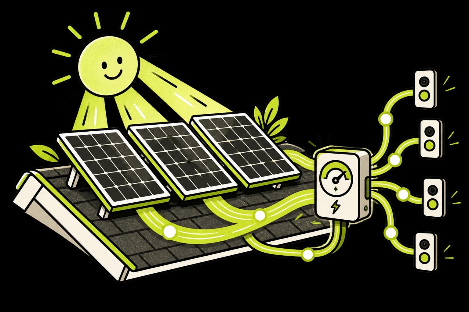 Zonnepanelen die opgewekte energie naar een gezamenlijke meter leiden
