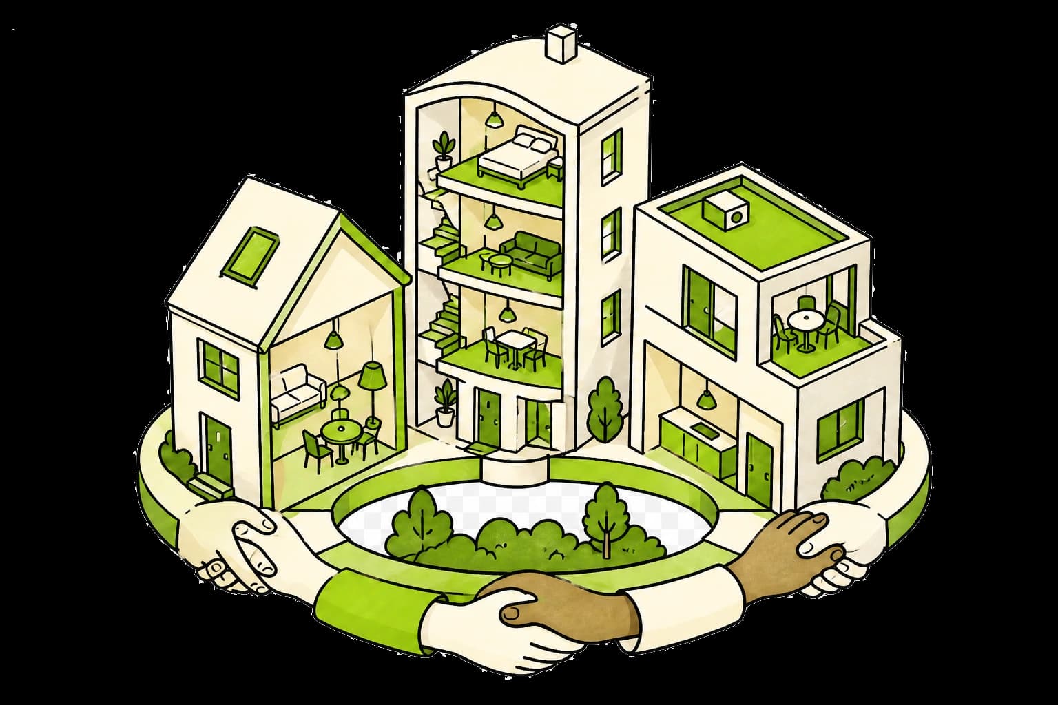 Verschillende woningen die via een gedeelde basis met elkaar verbonden zijn