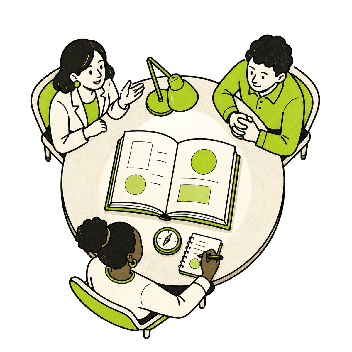 Illustratie van drie mensen die gelijkwaardig samenwerken aan een helder VvE-plan