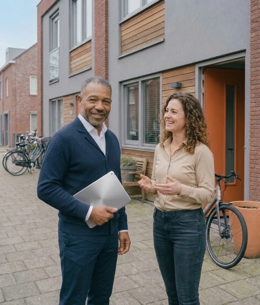 Twee Plecke-beheerders in gesprek voor een appartementencomplex