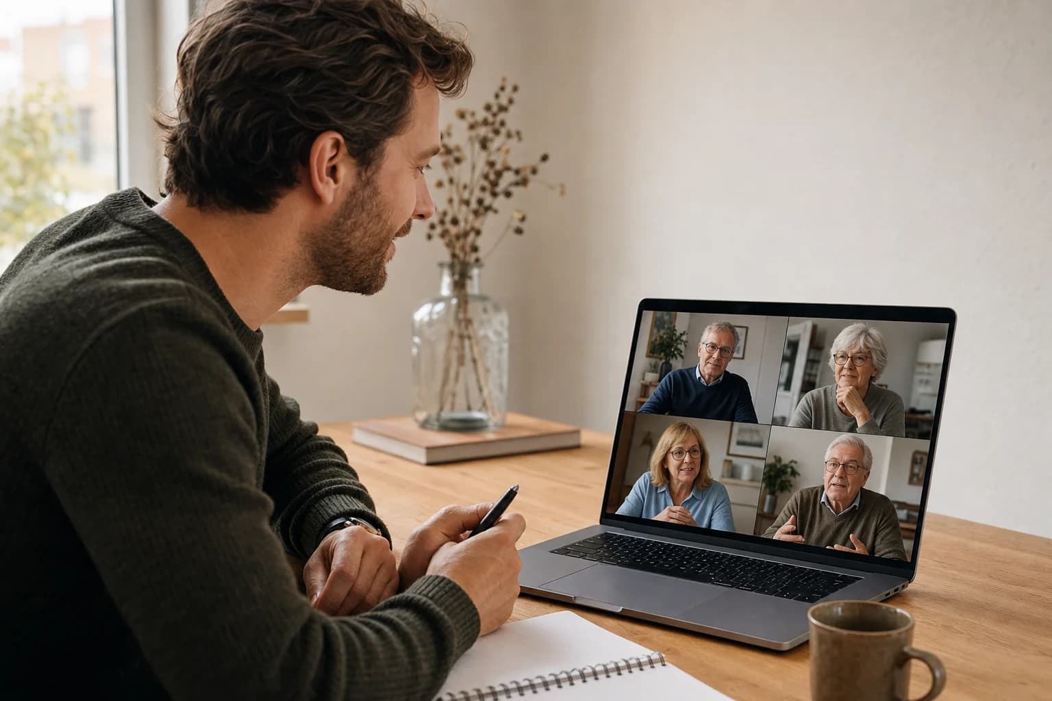 Jonge VvE-manager begeleidt een digitale ledenvergadering via een laptop