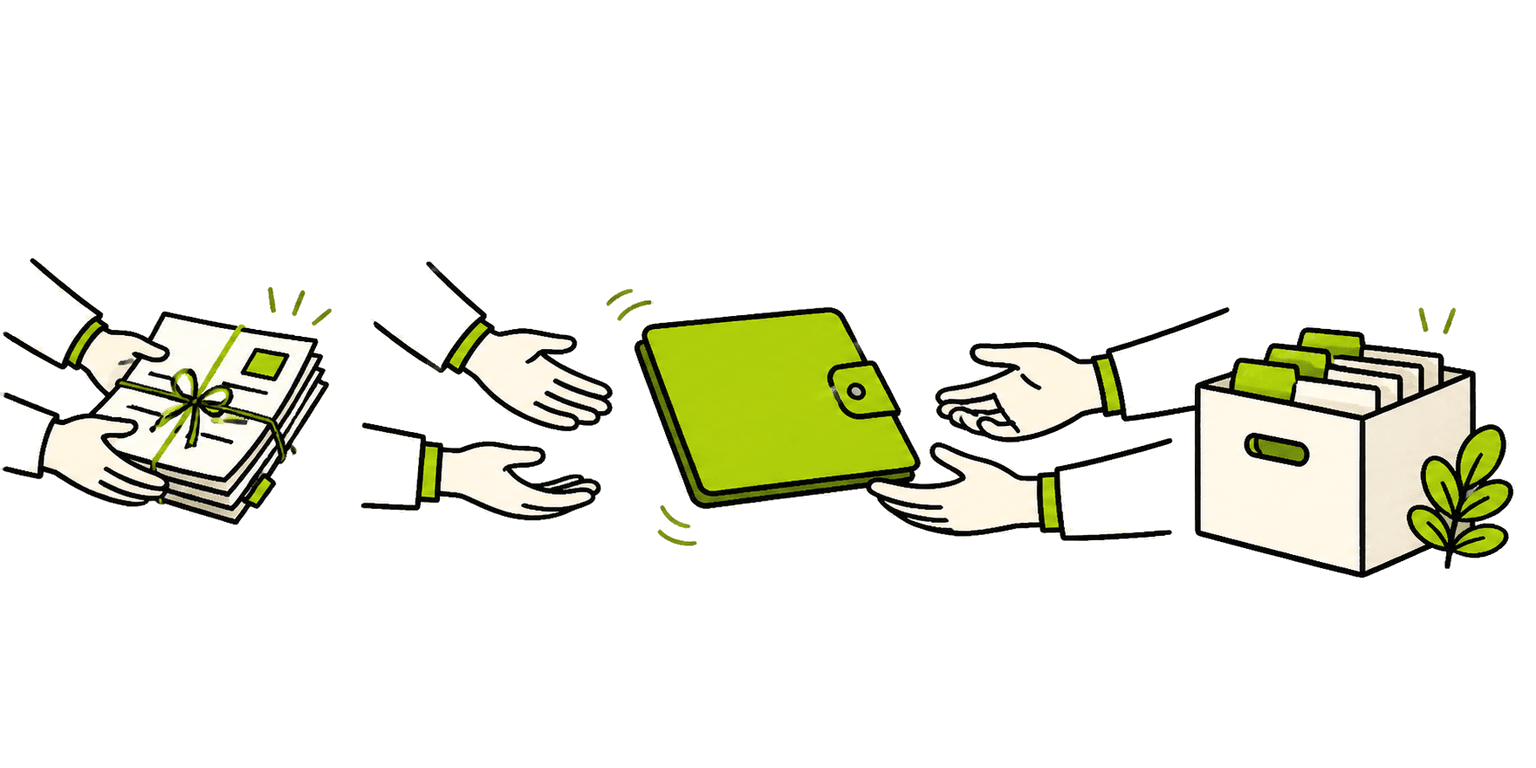 Illustratie van een VvE-dossier dat zorgvuldig wordt overgedragen en geordend