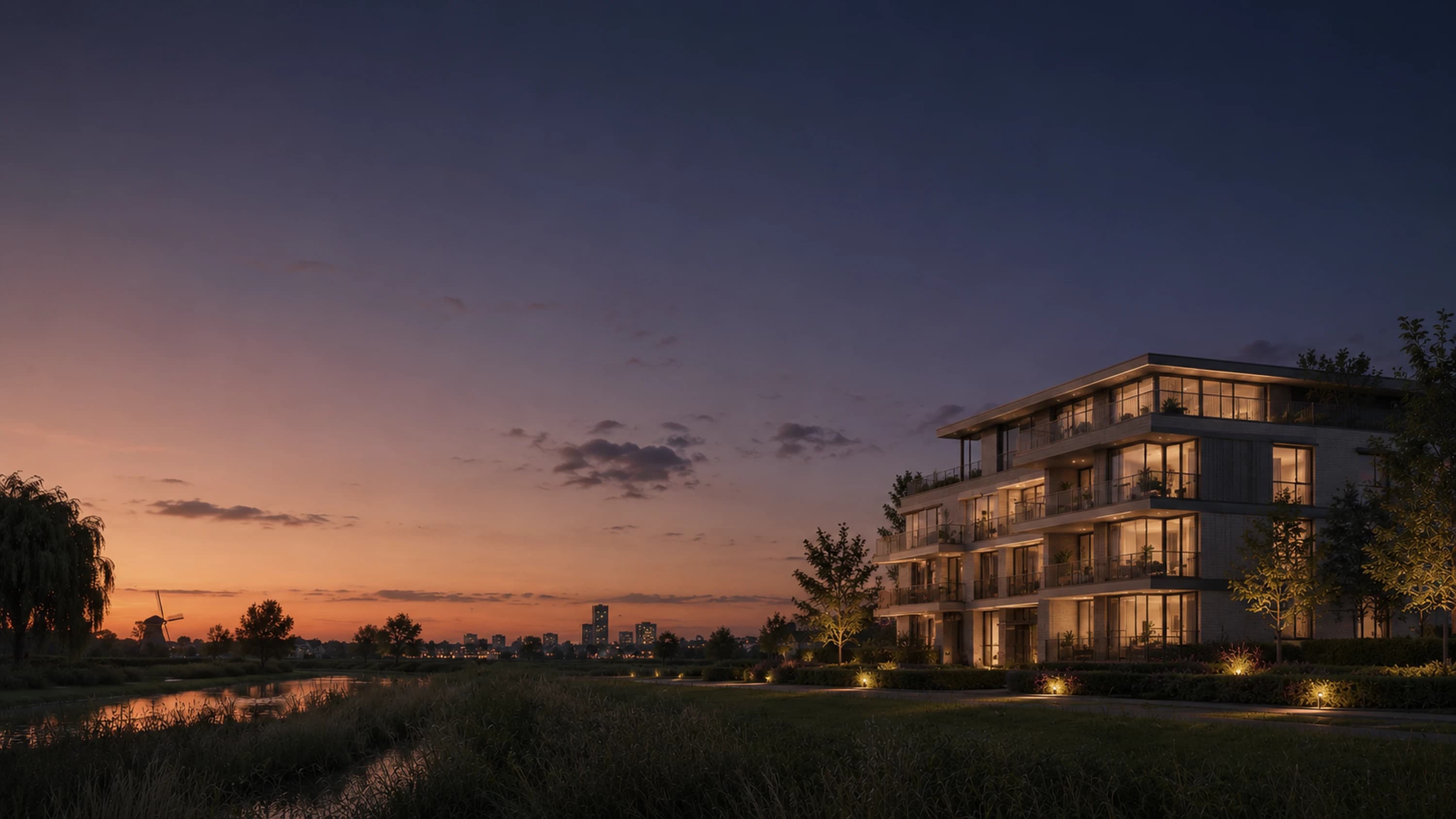 Modern appartementencomplex aan het water in de avond